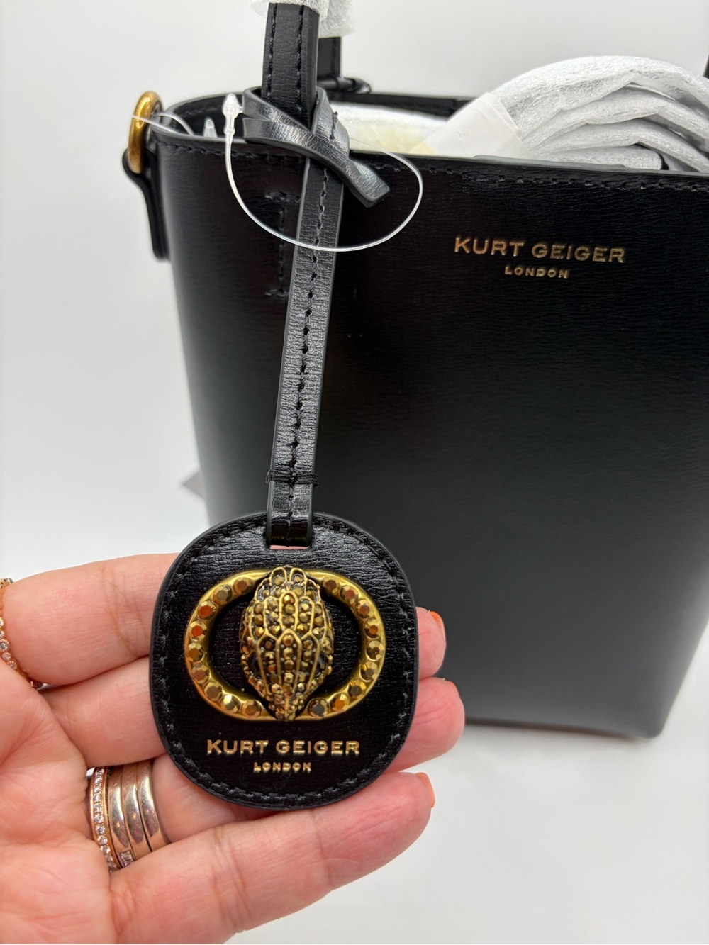 Kurt Geiger Black Leather Mini Bucket Bag with Gold Medallion - Picture 2 of 4